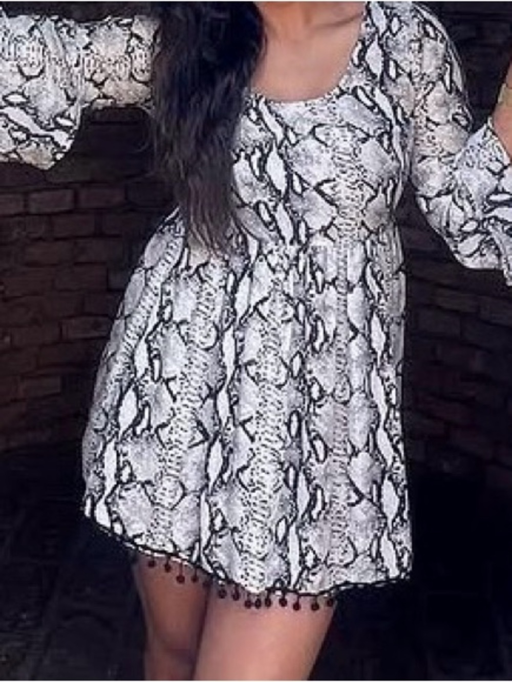 Snake Print Black & White Women's Dress with Pom Hem